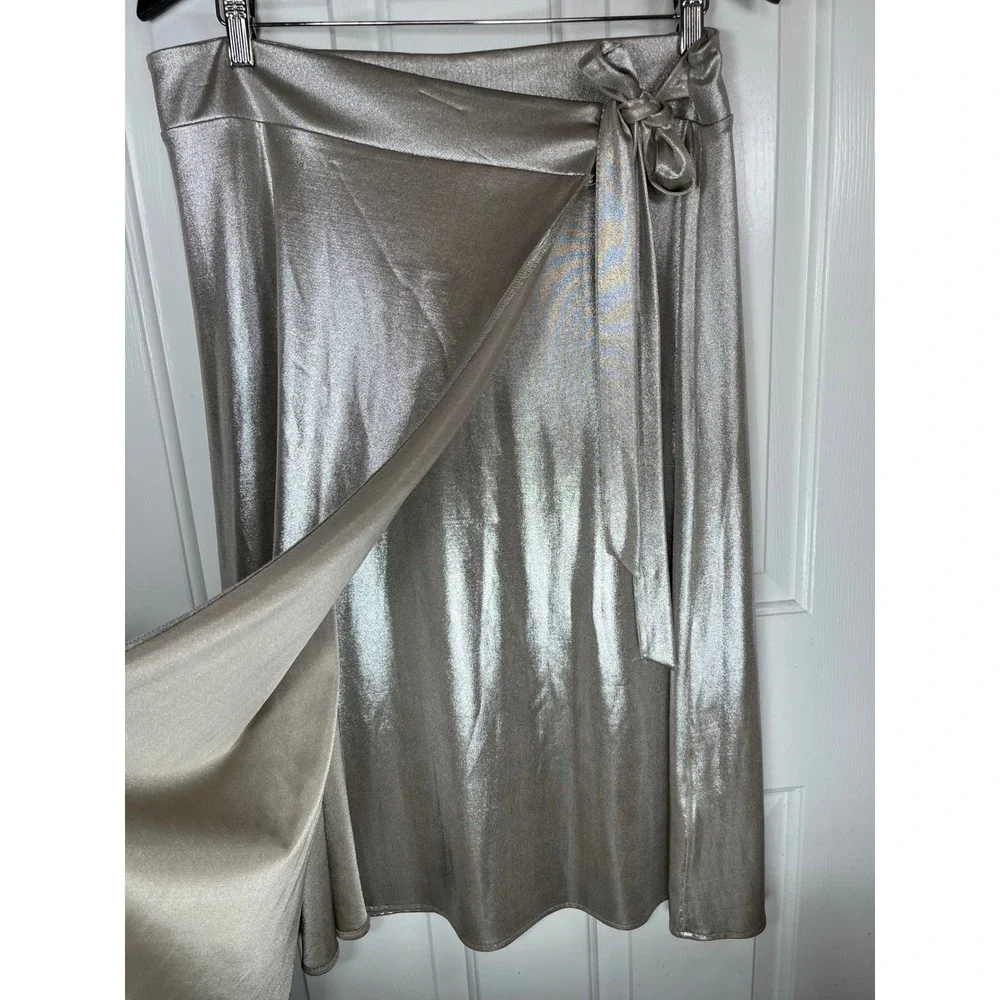Zara Skirt Faux Wrap NWT Midi Large Silver Metallic Side Tie High Rise Glamorous